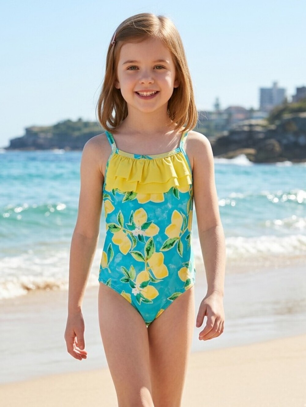 NWT Penelope Mack Lemon Print Swimsuit with Yellow Ruffle 4T
